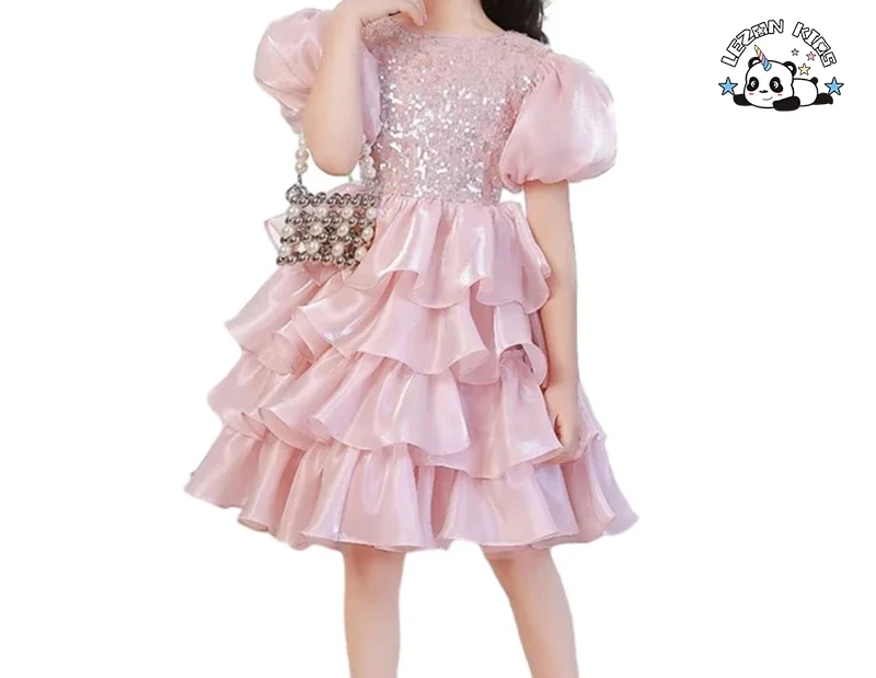LEZONKIDS - 2023 New Girls Sequined Puff Sleeve Layers Lily Satin Tutu Dresses Cute Princess Dress for Girls